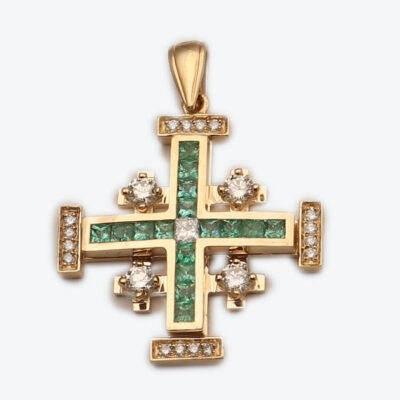 Big Jerusalem Cross Princess Cut with 4 Stones & Emerald