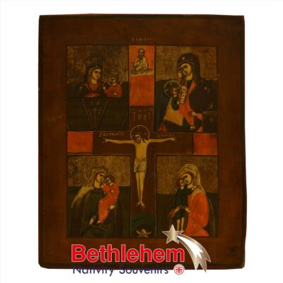 The Crucifixion Icon with Four Images to Our Lady Mother of God. Russian Icon from the early 19th century